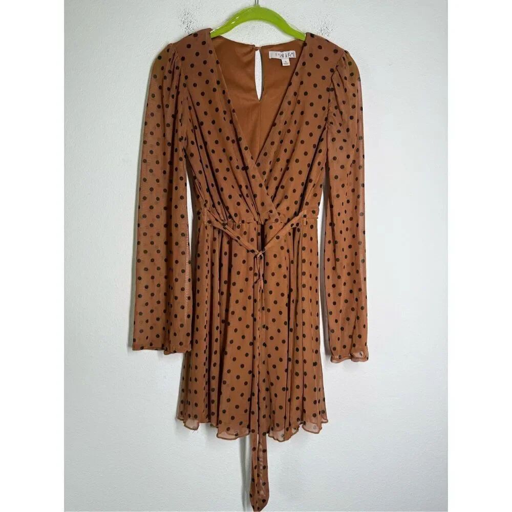 Inspired Hearts Women’s Bohemian Rust Black Polka Dot Dress Size S Long Sleeve